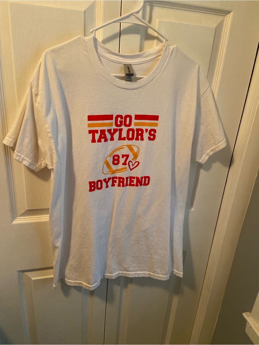 Gildan White Kids Tee with Red and Gold 'Go Taylor's Boyfriend' Graphic